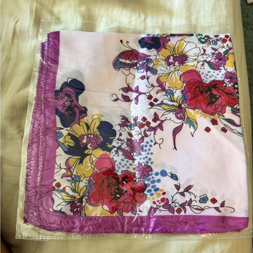 Floral Print Scarf with Purple Border